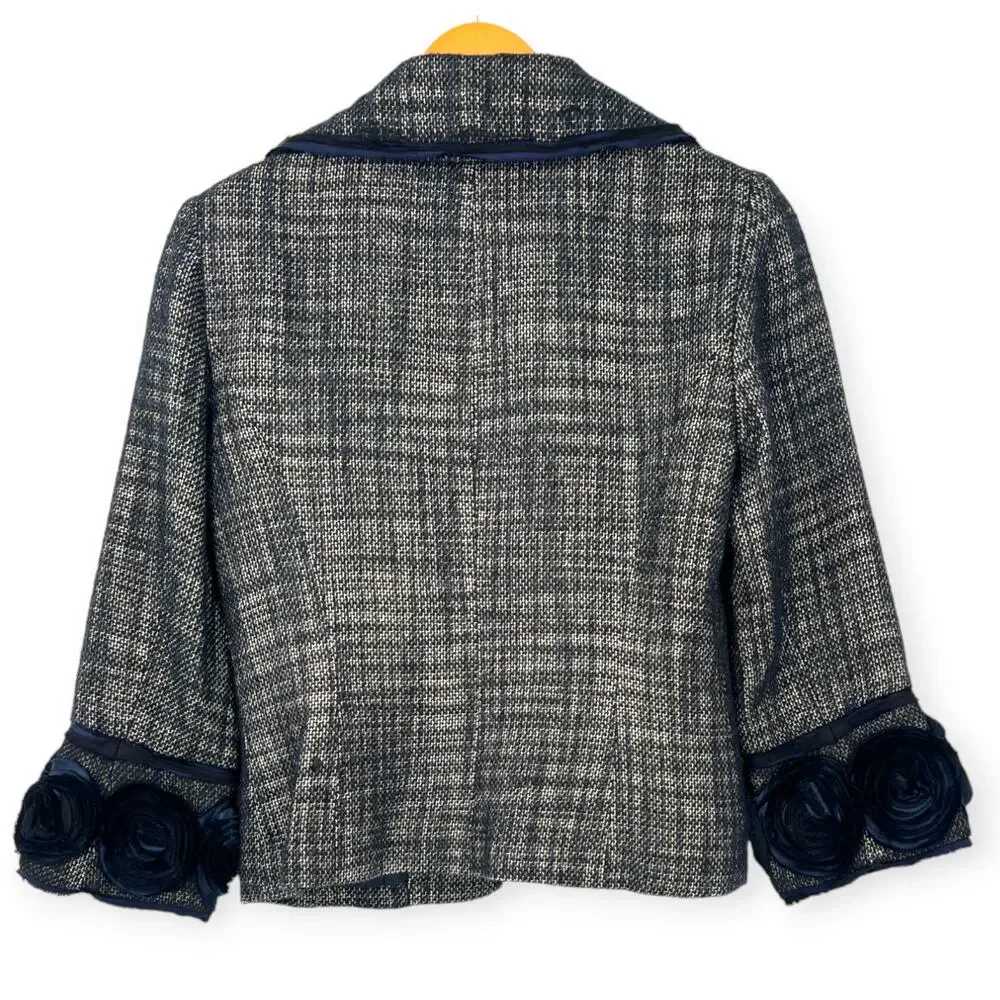 Alberto Makali | Size 4 | Tweed Open Front Floral Ribbon Accents Blazer Jacket - Picture 4 of 5